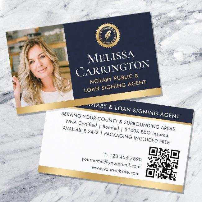 Elegant Notary Public Photo QR Gold Dark Blue