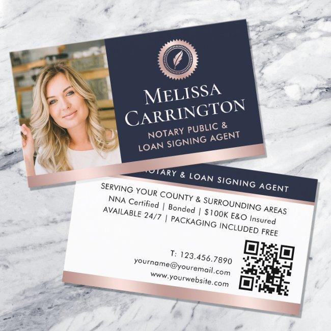 Elegant Notary Public Photo QR Rose Gold Dark Blue