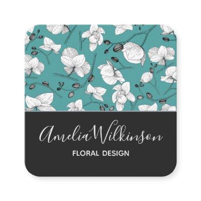 Elegant orchids black & white floral delicate teal square