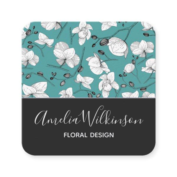 Elegant orchids black & white floral delicate teal square