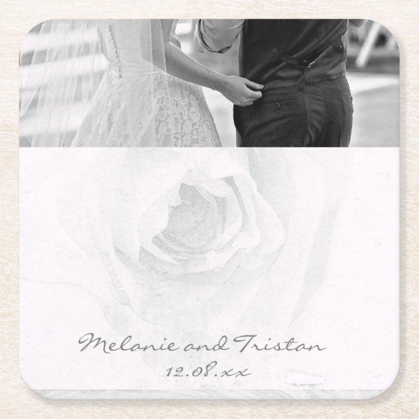 elegant pale blush grey rose couple square paper coaster