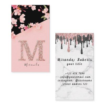 Elegant Pink Floral Monogram Initial Gold Letter M