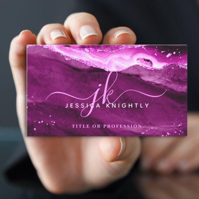 Elegant Pink Magenta Agate Glitter Script Monogram