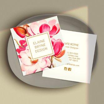 Elegant Pink Magnolia Watercolor Floral Square Bus Square