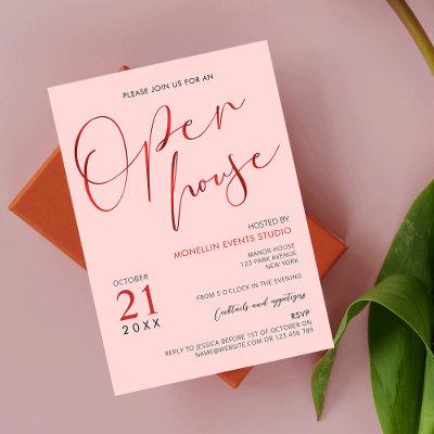 Elegant Pink & Red Script Logo Business Open House Invitation