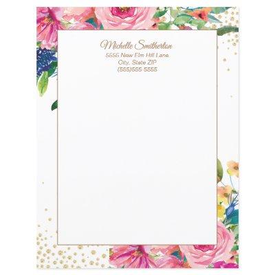 Elegant Pink Watercolor Floral Glitter Letterhead