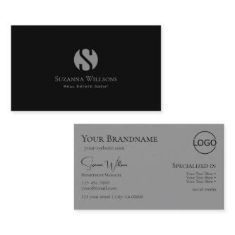 Elegant Plain Black Gray with Monogram and Logo