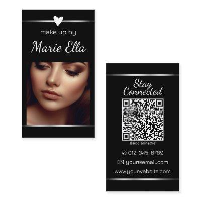 Elegant Plain Black Silver Heart Photo and QR Code
