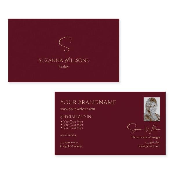 Elegant Plain Wine Red with Monogram and Photo