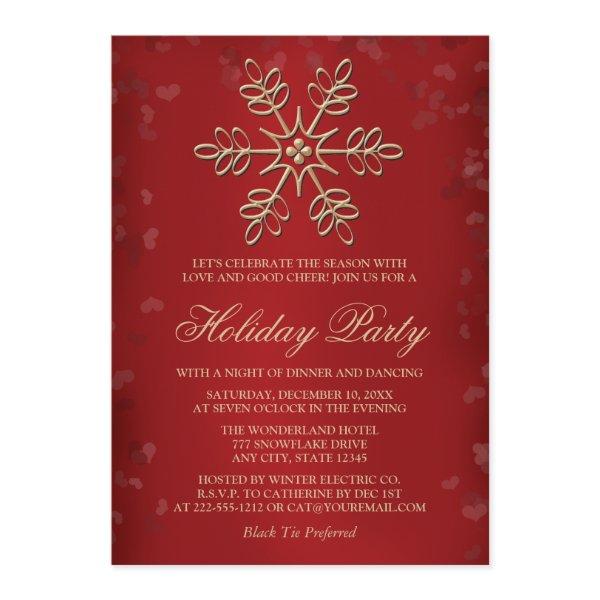Elegant Red and Gold Snowflake Holiday Party Invitation