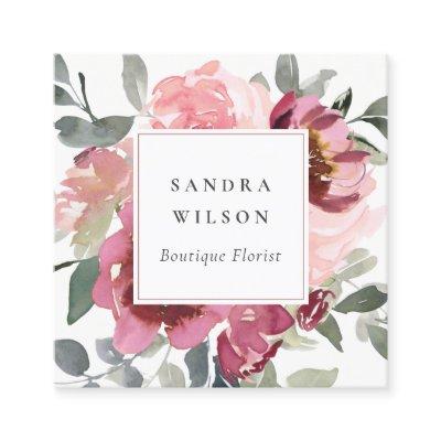 ELEGANT RED BLUSH BURGUNDY WATERCOLOR ROSE FLORAL SQUARE