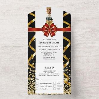 Elegant red gold black holiday champagne party all in one invitation