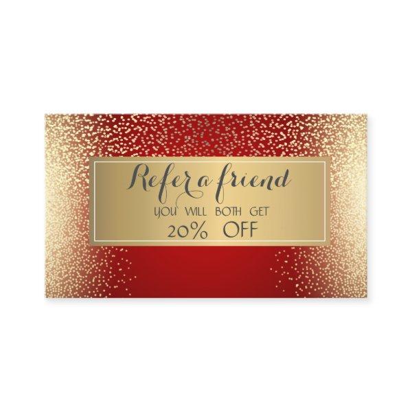 Elegant Red, Gold Frame,Confetti  Referral Card