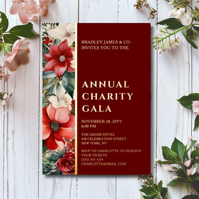 Elegant Red Green Floral Charity Event Gala Party Foil Invitation
