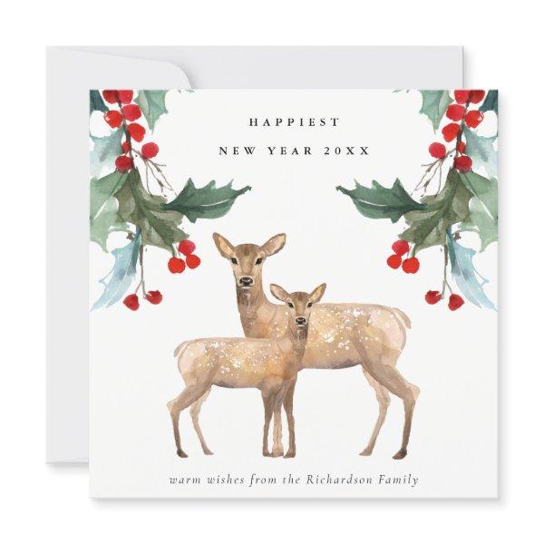ELEGANT RED GREEN HOLLY BERRY DEER DUO NEW YEAR HOLIDAY CARD