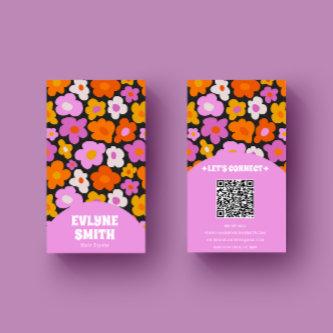 Elegant Retro Pink Colorful QR Code Groovy Floral