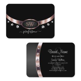 Elegant Rose Gold and Black Initials Rhinestones