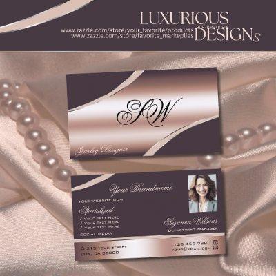 Elegant Rose Gold Curved Lines Monogram and Photo