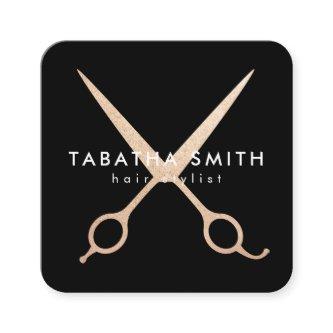 Elegant rose gold foil scissors hair stylist black square