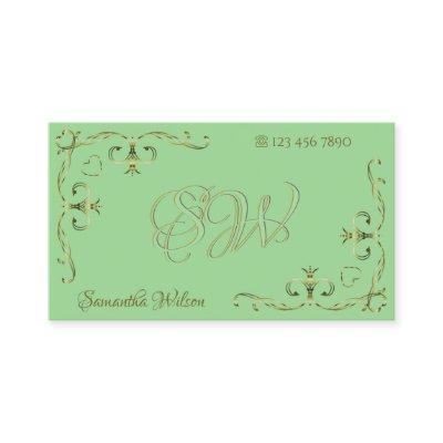 Elegant Sage Green Golden Ornate Corners Initials