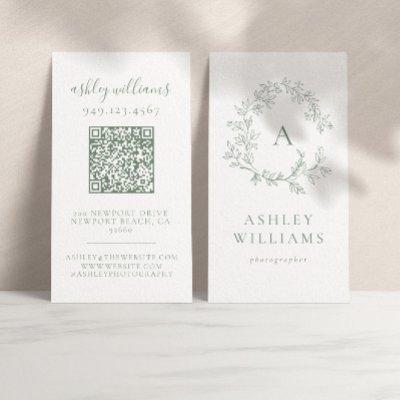 Elegant Sage Green Monogram QR Code Floral Crest