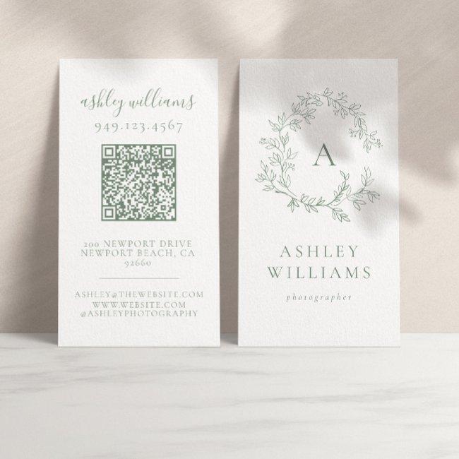 Elegant Sage Green Monogram QR Code Floral Crest