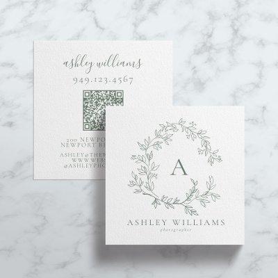 Elegant Sage Green QR Code Monogram Floral Crest  Square