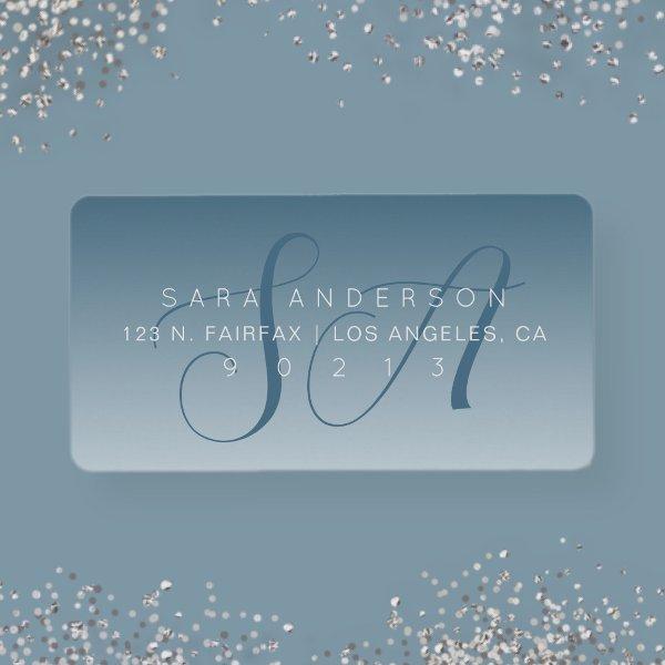 Elegant Script Monogram Ombre Blue Return Address Label