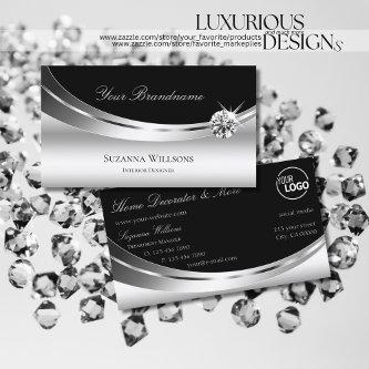 Elegant Silver Black with Logo Sparkling Diamond