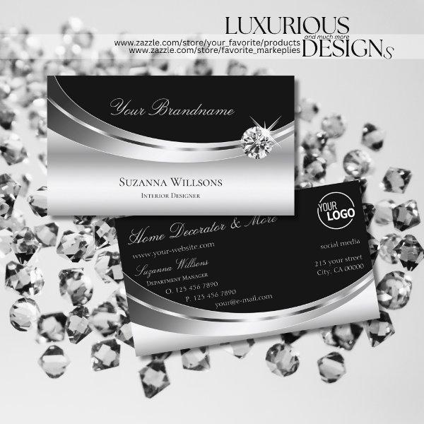 Elegant Silver Black with Logo Sparkling Diamond