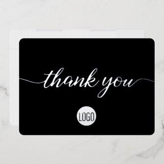 Elegant Silver script on Black Business Thank you  Foil Holiday Card