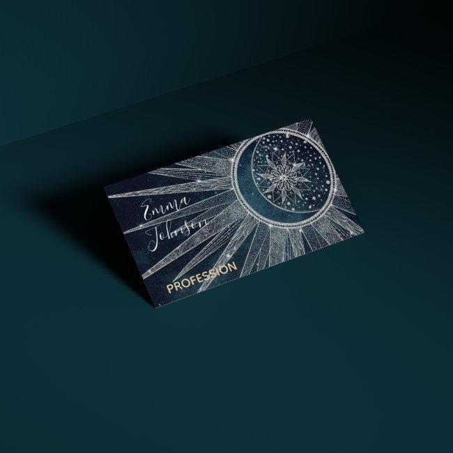 Elegant Silver Sun Moon Doodle Mandala Blue Design