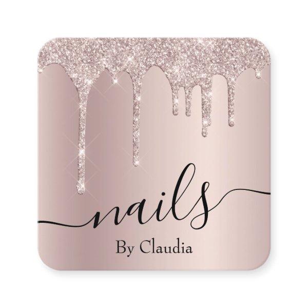 Elegant stylish champagne glitter drips nails square