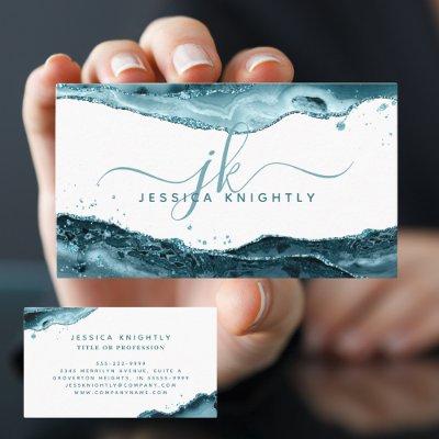 Elegant Teal Agate Glitter Monogram Script