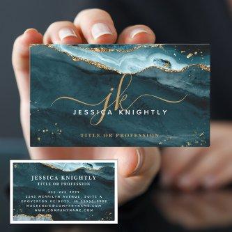 Elegant Teal Agate Gold Glitter Script Monogram