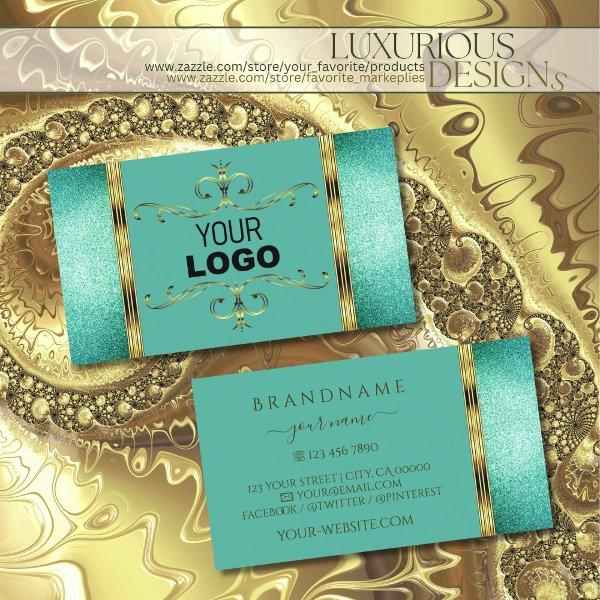 Elegant Teal Glitter Gold Border Ornate with Logo