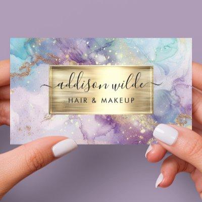 Elegant Teal Purple And Gold Watercolor Marble QR