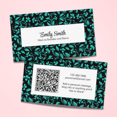 Elegant Turquoise Floral QR Code Mommy Personal Calling Card