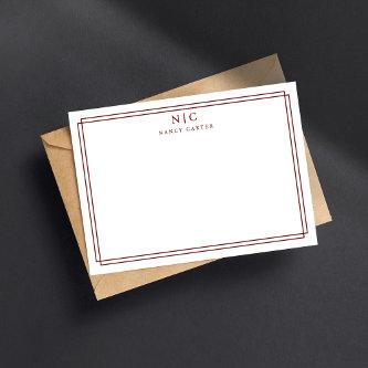 Elegant Two Monogram Maroon Red Geometric Border  Note Card