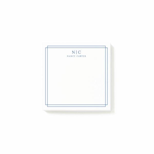 Elegant Two Monogram Navy Blue Geometric Border  Post-it Notes