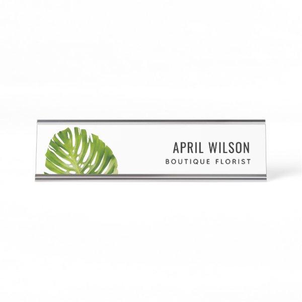 ELEGANT WATERCOLOR GREEN MONSTERA LEAF FOLIAGE DESK NAME PLATE