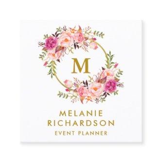 Elegant Watercolor Pink Floral Gold Monogram Square