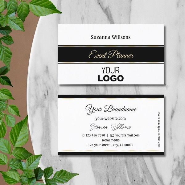 Elegant White Black and Gold Stripes with Logo
