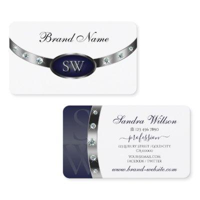 Elegant White Dark Blue and Silver with Monogram