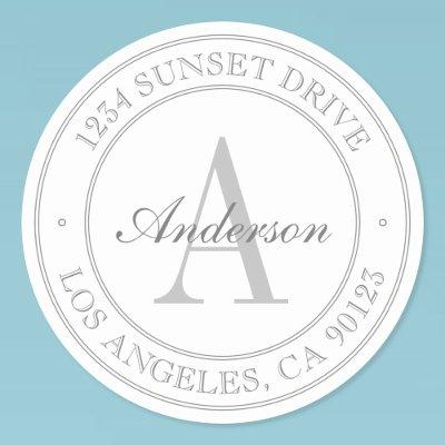 Elegant White & Grey Monogram Address Classic Round Sticker