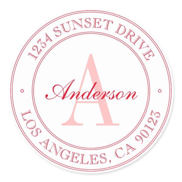 Elegant White & Red Monogram Classic Round Sticker