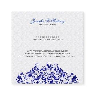 Elegant White & Royal Blue Damasks & Swirls Square