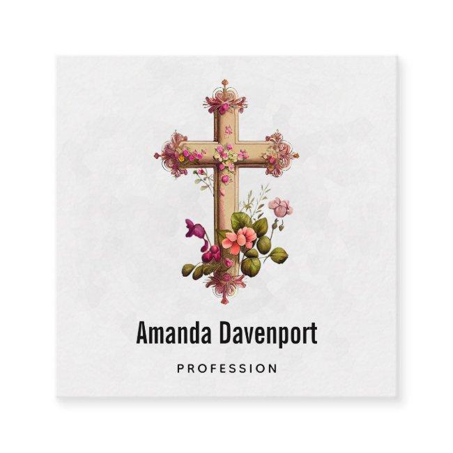 Elegant Wooden Cross with Pink Flowers Square