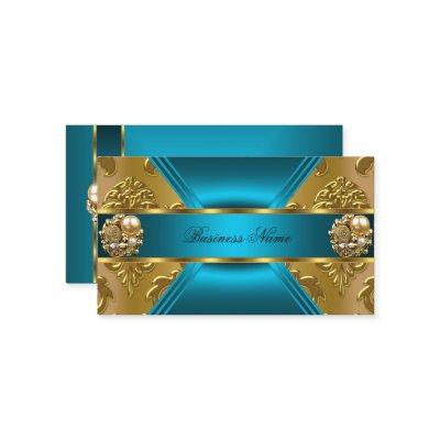 Elite Business Teal Blue Gold Damask Jewel