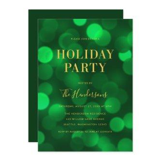Emerald Green Bokeh Lights Faux Gold Holiday Party Invitation